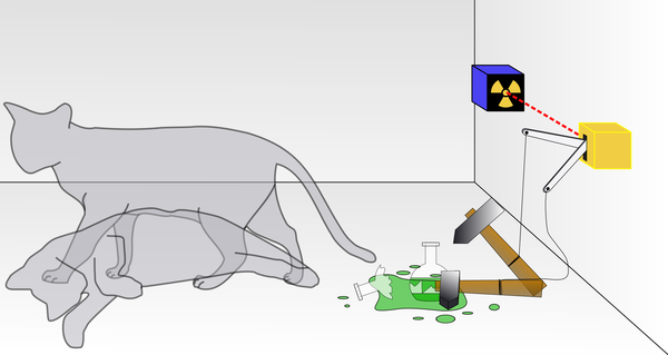 Schrödinger's cat: a cat, a flask of poison, and a radioactive source are placed