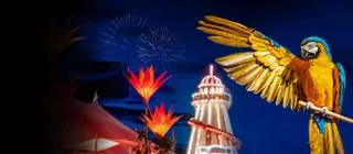  A vibrant scene featuring a colorful parrot, illuminated fireworks in the night sky, and a large amusement park ride, with stylized flowers in the foreground. 